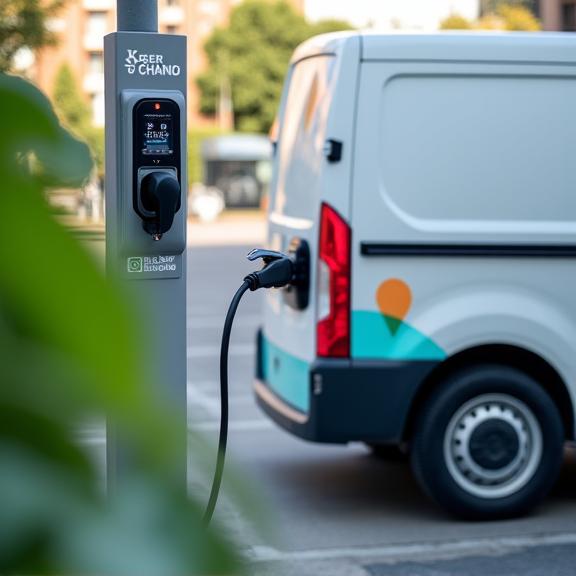 Electric delivery van at charging station for sustainable logistics